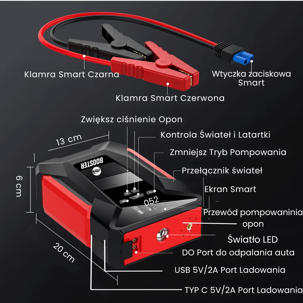 Rozrusznik Samochodowy 4w1 z kompresorem i latarką